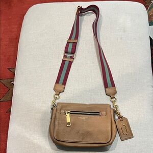 Marc Jacobs Tan Pebbled Leather Crossbody with Burgundy and Teal Stripe Strap